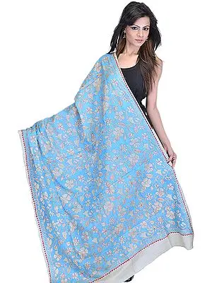 Bonnie-Blue Dupatta-Wrap with Kantha Stitched Embroidered Flowers by Hand