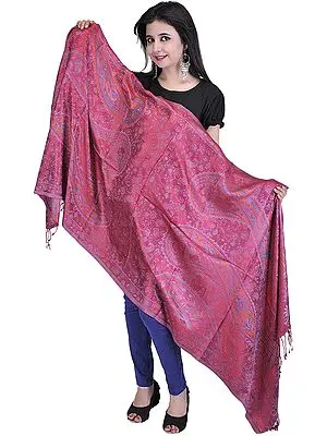 Raspberry-Wine Super-Silk Reversible Jamawar Stole with Paisleys Woven in Multi-Colored Thread