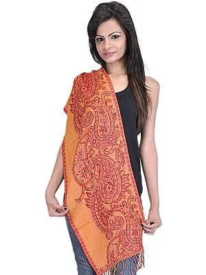 Orange and Red Reversible Jamawar Scarf with Woven Paisleys and Flowers
