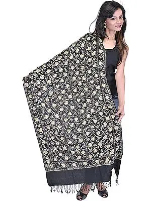 Caviar-Black Stole from Amritsar with Aari Embroidered Flowers and Sequins