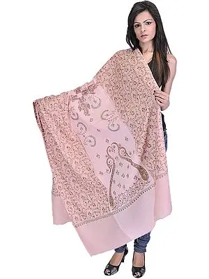 Salmon Kashmiri Tusha Shawl from Kashmir with Sozni Embroidery by Hand
