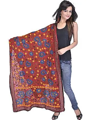 Pompeian-Red Phulkari Dupatta from Punjab with Aari-Embroidered Flowers by Hand