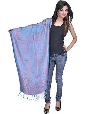 Turquoise Super-Silk Jamawar Stole with Large Woven Paisleys