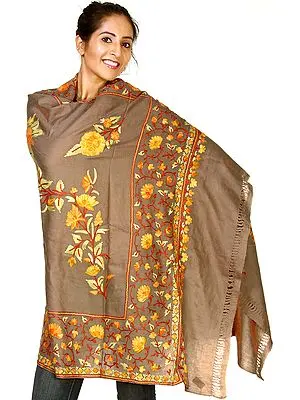 Khaki Shawl from Kashmir with Aari-Embroidered Flowers