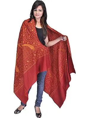 Red Ochre Kashmiri Tusha Shawl with Jafreen Jaal Embroidery by Hand