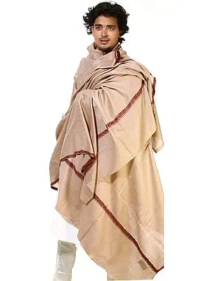 Beige Plain Men's Dushala with Hand-Embroidered Border