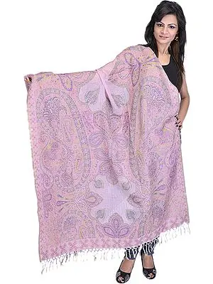 Fuchsia-Pink Reversible Jamawar Shawl with Woven Paisleys and Flowers