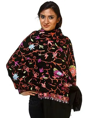 Black Shawl from Kashmir with Aari-Embroidered Flowers All-Over
