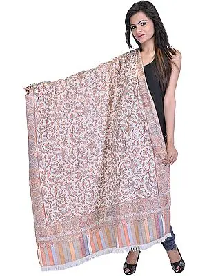 Ivory Kani Shawl with All-Over Woven Paisleys and Flowers in Multi-Color Thread