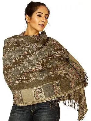 Gray Jamawar Stole with Woven Flowers and Crewel Embroidery