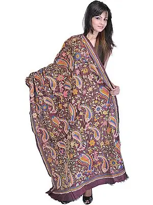 Oxblood-Red Dupatta-Wrap with Kantha Stitched Embroidered Fishes by Hand