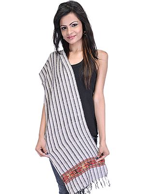 Drizzle-Gray Striped Scarf from Kullu with Kinnauri Woven Border