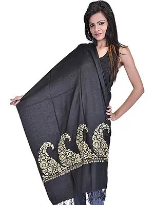 Black Stole with Metallic Thread Embroidered Paisleys and Sequins on Border