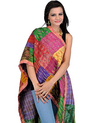 Multi-Color Kantha Embroidered Patchwork Reversible Scarf