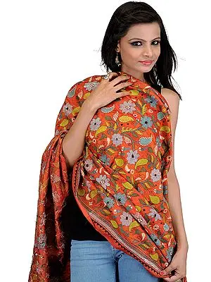 Rust Dupatta-Wrap with Kantha Stitched Embroidered Flowers by Hand