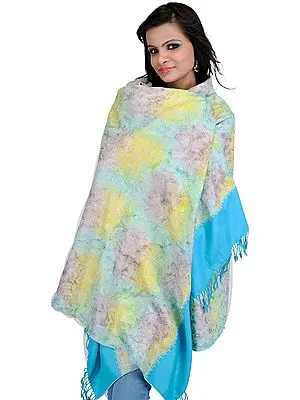 Blue Atoll Shawl from Amritsar with Aari Embroidered Flowers All-Over