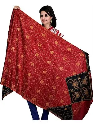 Red Ochre and Black Kashmiri Shawl with All-Over Sozni Embroidery by Hand