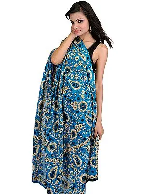 Cendre-Blue Phulkari Dupatta from Punjab with Aari-Embroidered Flowers by Hand
