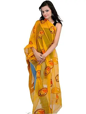 Golden Rod See-Through Dupatta from Banaras with Applique Mira Bai Figures