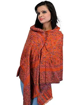 Mecca-Orange Kani Stole with All-Over Woven Paisleys and Flowers in Multi-Color Thread