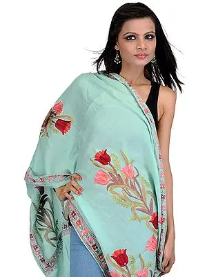 Bay-Green Stole from Kashmir with Aari Embroidered Tulips
