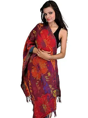 Ribbon-Red Reversible Jamawar Stole with Large Woven Flowers