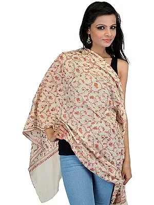 Ivory Pure Pashmina Stole from Kashmir with Sozni Hand Embroidered Paisleys All-Over
