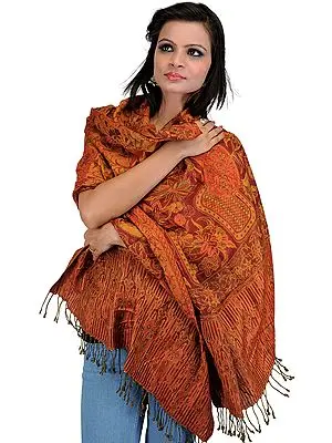 Honey-Gold Reversible Jamawar Stole with Woven Paisleys and Flowers