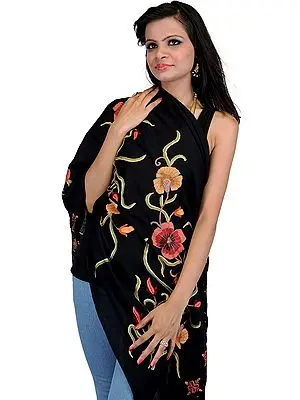 Black Stole from Kashmir with Aari Embroidered Flowers by Hand