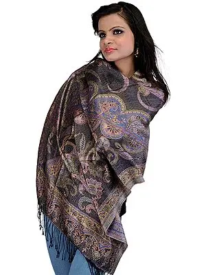 Dress Blues Super-Silk Jamawar Stole with Woven Paisleys and Flowers