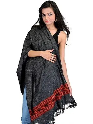 Charcoal-Gray Stole from Kullu with Kinnauri Woven Border