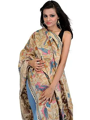 Beige Dupatta-Wrap with Kantha Stitched Embroidered Sparrows