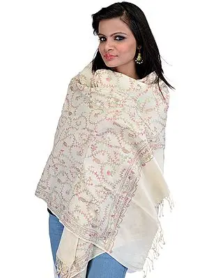 Ivory Stole from Amristsar with Aari Embroidered Paisleys