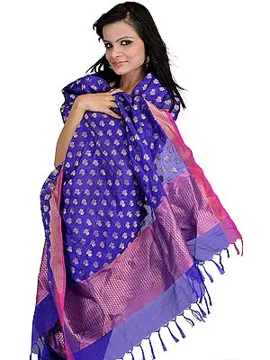 Liberty-Blue Summer-Silk Dupatta from Banaras with All-Over Woven Flowers in Golden Thread