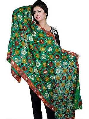 Bottle-Green Phulkari Dupatta from Punjab with Aari-Embroidered Flowers