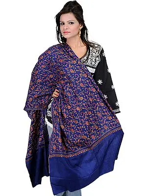 Navy-Blue Tusha Stole with All-Over Sozni Embroidery by Hand