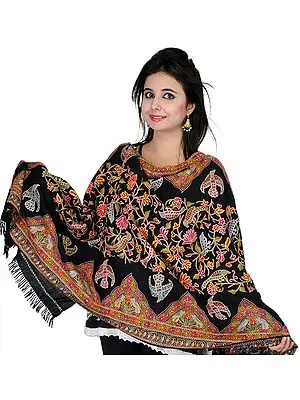 Caviar-Black Kashmiri Stole with Hand Embroidered Birds