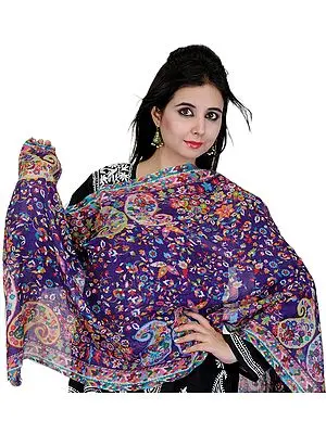 Prism-Violet Scarf with Printed Paisleys and Flowers