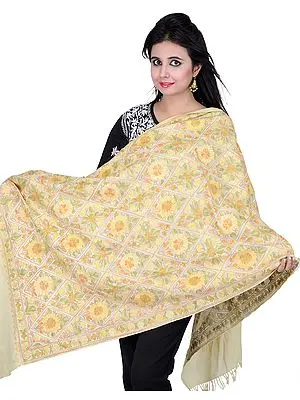Green-Essence Kashmiri Stole with Hand Embroidered Flowers All-Over