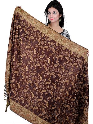Carafe-Brown Reversible Jamawar Shawl with All-Over Woven Paisleys