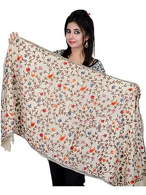 Ivory Stole from Amritsar with Aari Embroidered Flowers and Paisleys
