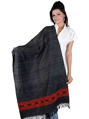 Charcoal-Gray Stole from Kullu with Kinnauri Woven Border