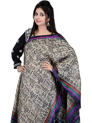Feather-Gray Dupatta with Printed Figures Inspired by Warli Art