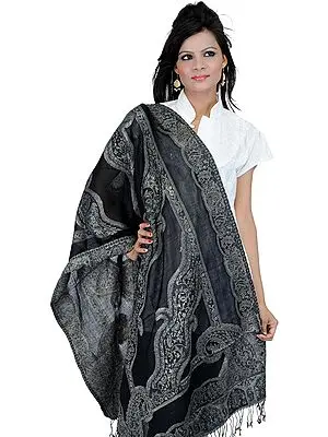 Black Jamawar Stole with Large Woven Paisleys