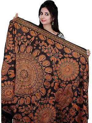 Black Dupatta-Wrap with Kantha Stitched Embroidered Elephants by Hand