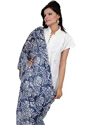 Marlin-Blue Stole with Printed Floral Leaves
