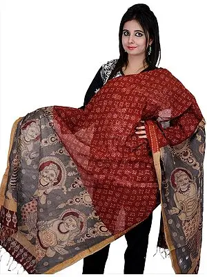 Baked-Apple Kalamkari Dupatta with Hand Painted Musicians