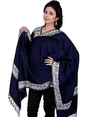 Royal-Blue Stole from Amritsar with Silver Thread Embroidered Paisleys on Border