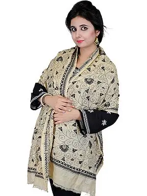 Beige Scarf with Kantha Stitched Embroidered Flowers All-Over