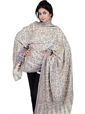 Ivory Kani Shawl with All-Over Woven Flowers in Multi-Color Thread